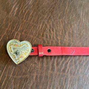 Justin red leather belt with heart buckle. 38.25”